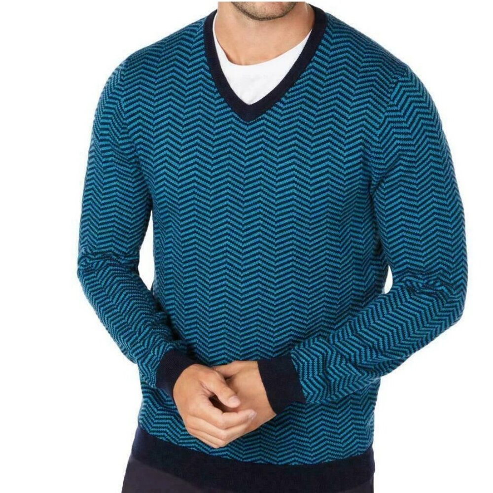 Tasso Elba Men's Merino Wool Blend V-Neck Pullover Sweater, Peacock Teal, XXL